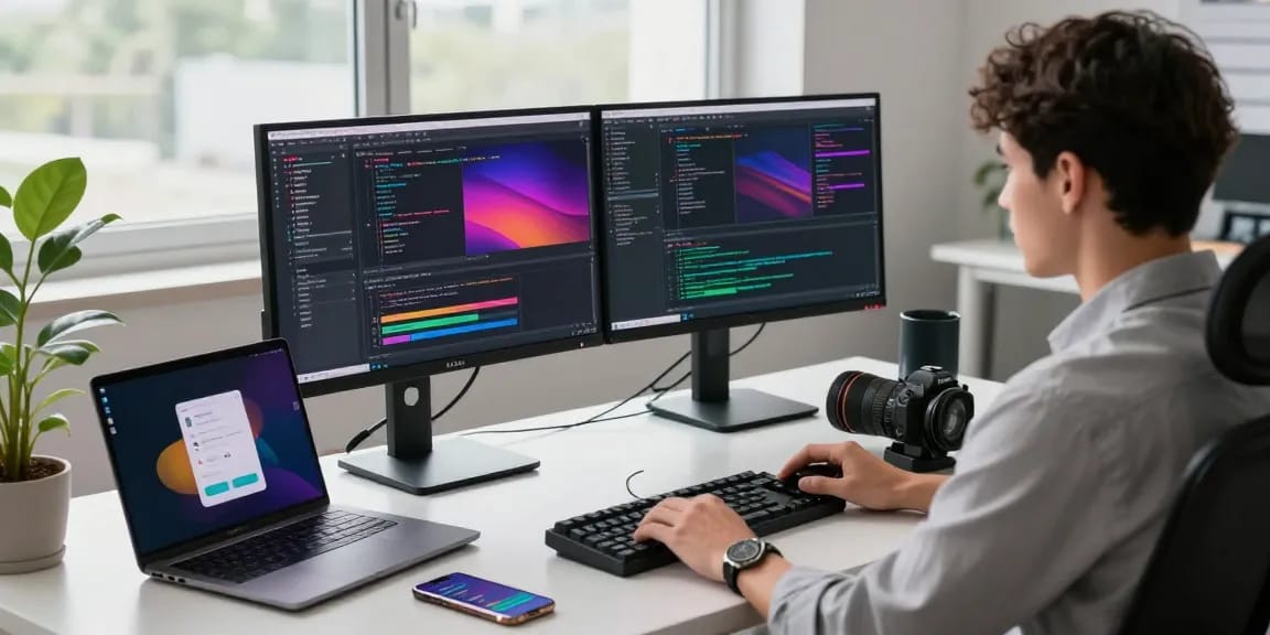 Engaging tech workspace showcasing a developer focused on Telegram Download, with monitors and app interfaces highlighting productivity.