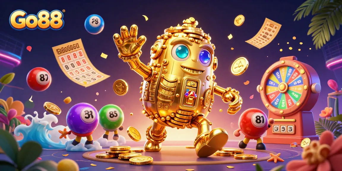 Engage with Go88's dynamic gaming scene, featuring the golden golem surrounded by vibrant lottery elements.