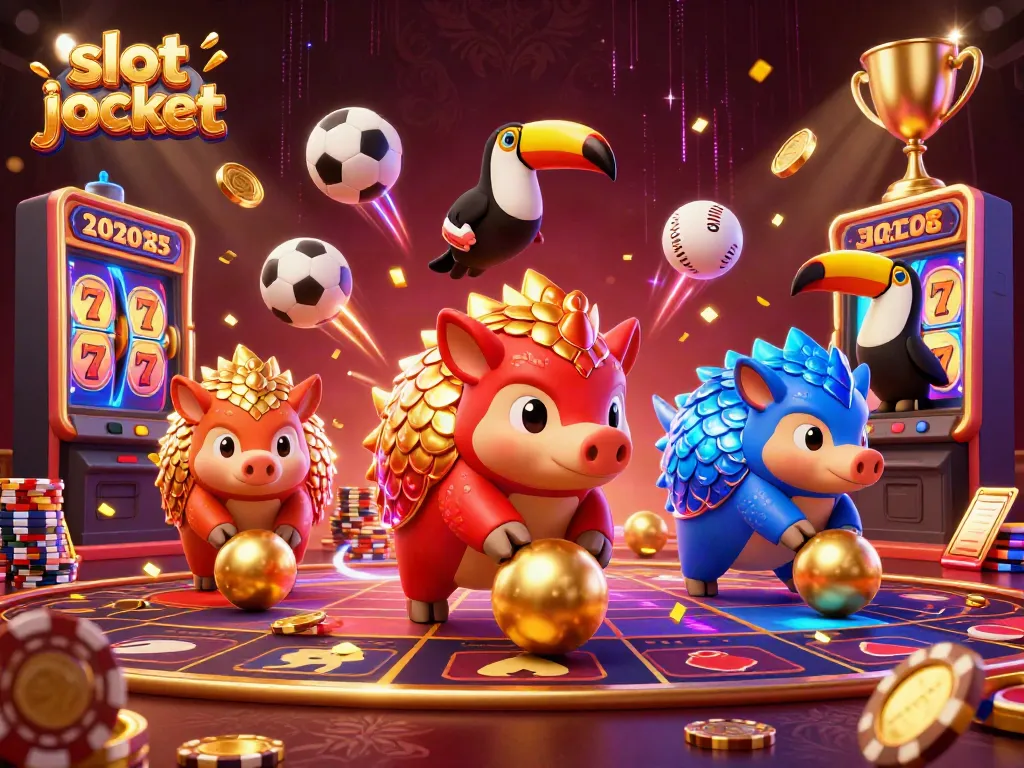 Experience the thrill of winning with slot jackpot in a lively animated scene featuring pangolins and casino elements.
