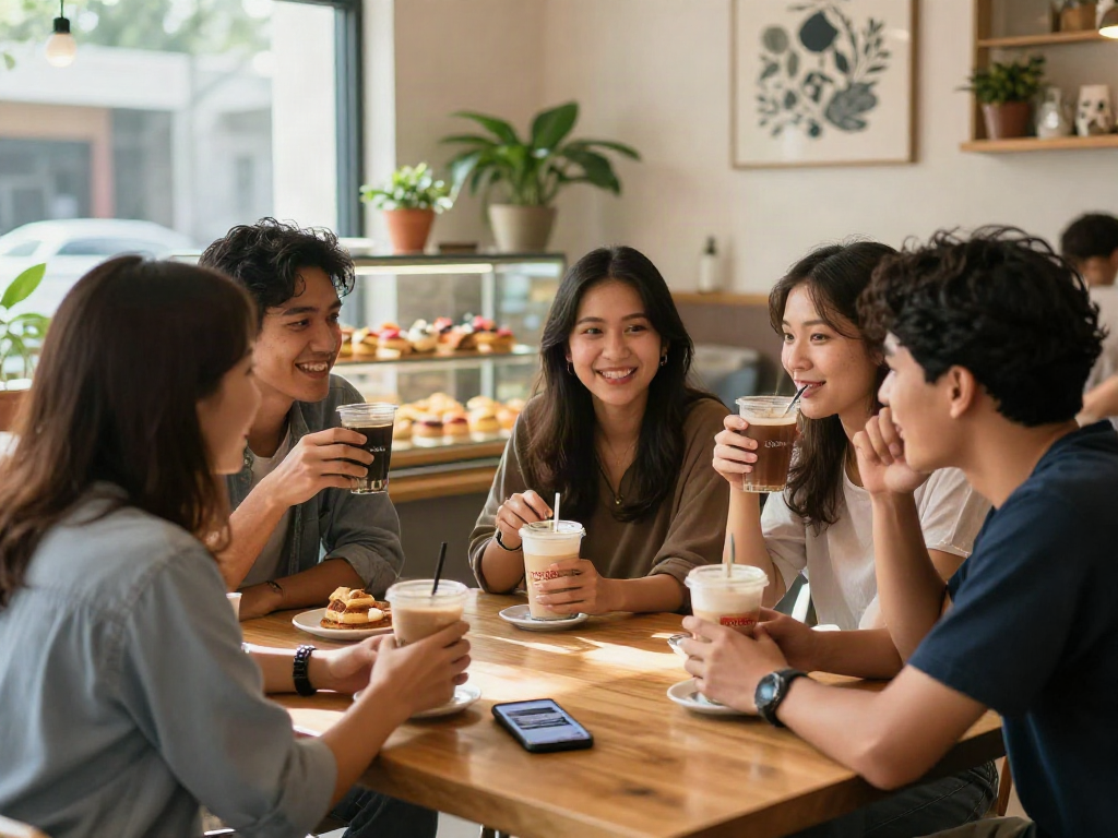Friends enjoying beverages in a café while discussing rokok88 experiences, vibrant atmosphere.