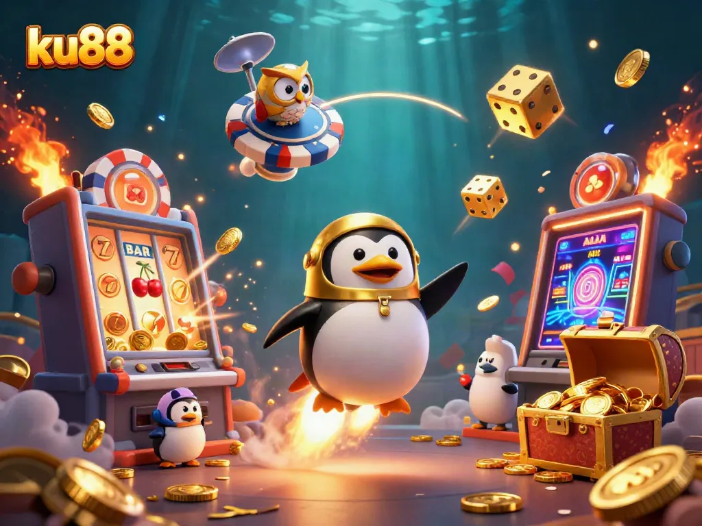 Experience excitement with ku88, featuring a golden penguin and jackpot bursts in a casino scene.