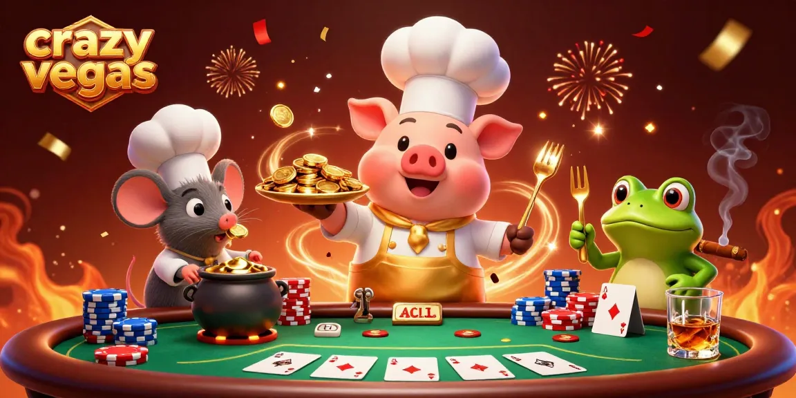 Experience exciting gameplay with crazyvegas, featuring a chef pig and vibrant poker scene filled with action.