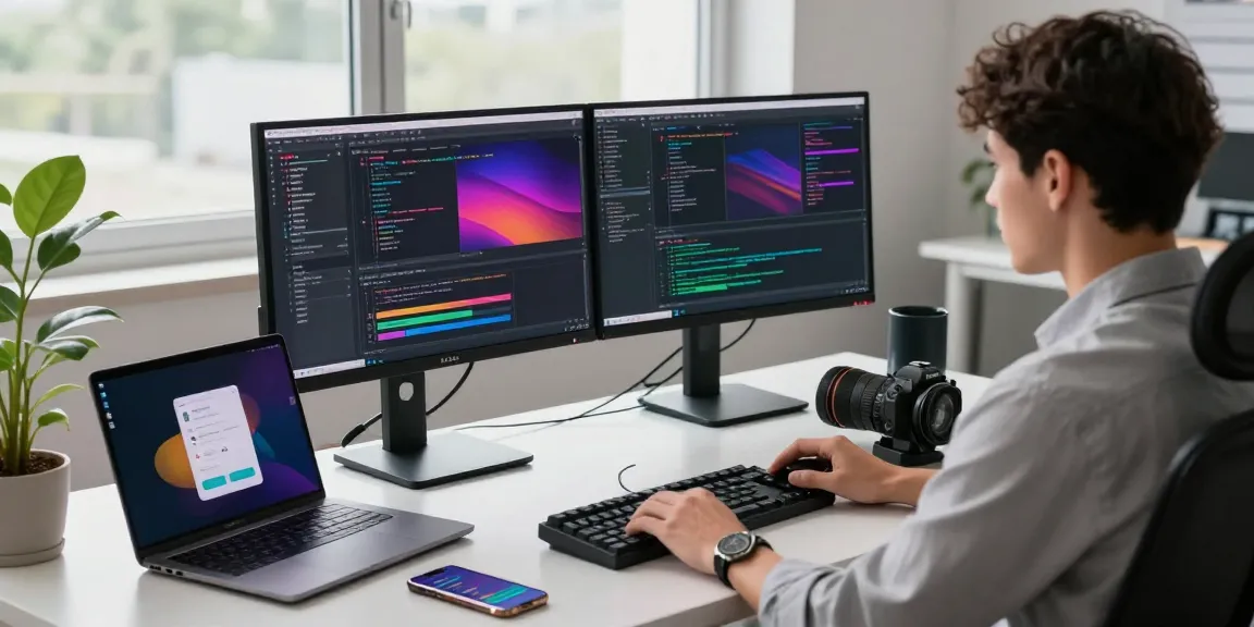 Engaging tech workspace showcasing a developer focused on Telegram Download, with monitors and app interfaces highlighting productivity.
