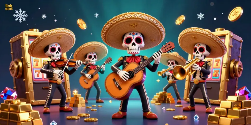 Engage in the thrill of link slot with vibrant mariachi skeletons celebrating amidst treasures and jackpots.