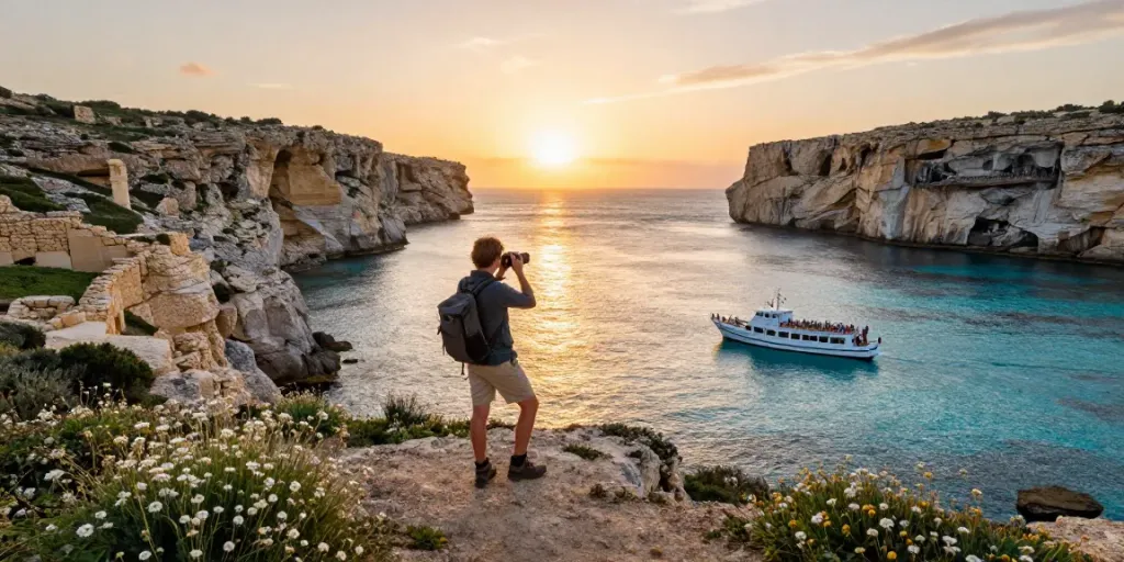 Experience the Malta Gozo tour with travelers at Dwejra Bay, capturing stunning landscapes and adventure.