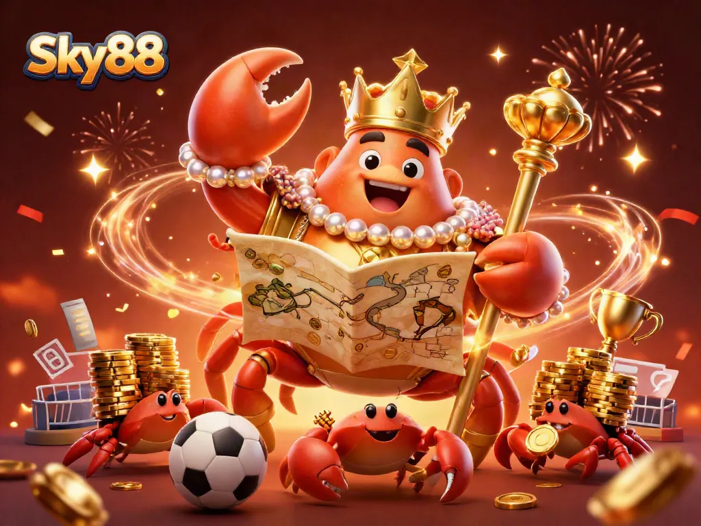 Sky88 features a golden crab emperor betting amidst a vibrant casino celebration scene.