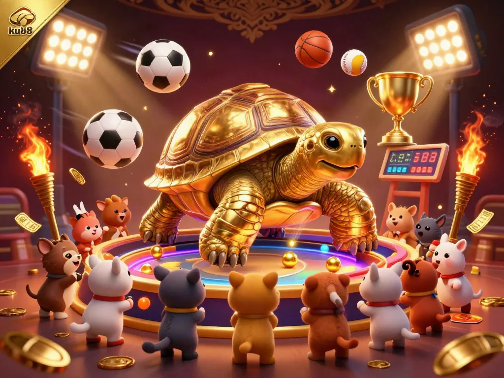ku88 brings excitement with a golden tortoise pinball and playful animals in a vibrant casino scene.