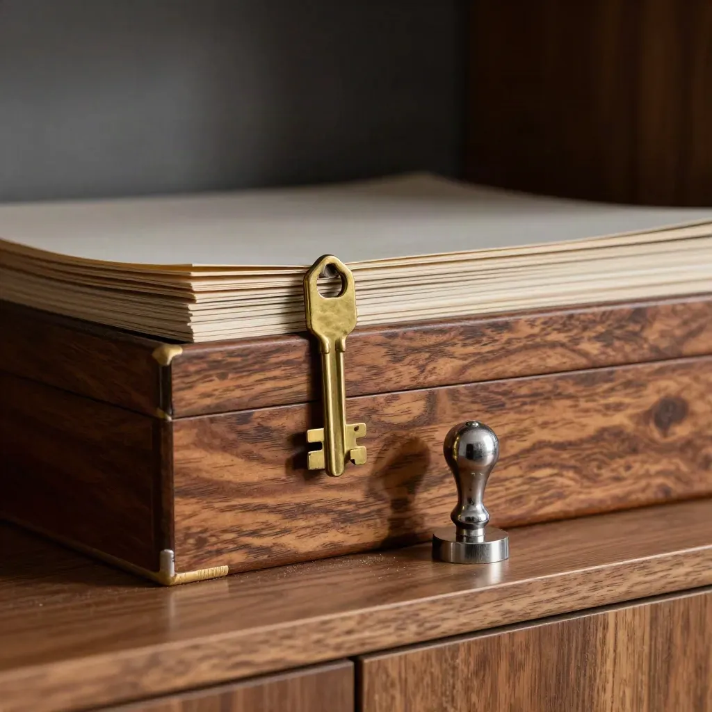 Walnut archive boxes with brass clips and a date stamp in warm macro light