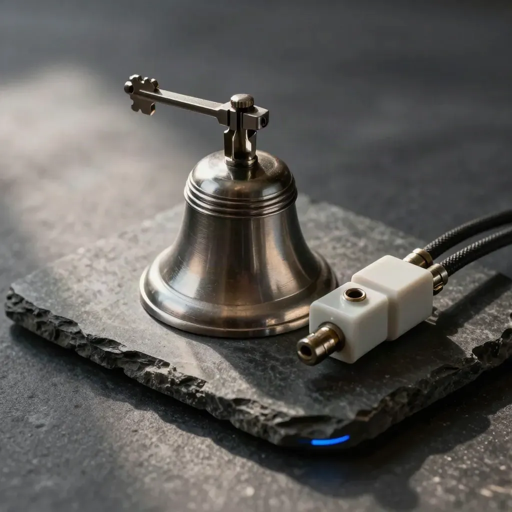 Brushed alarm bell, relay lever, and cable junction blocks on dark stone in dramatic blue-tinged light