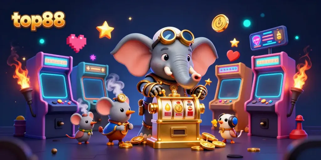Experience the excitement of top88 casino games with a vibrant steampunk theme and colorful arcade elements.