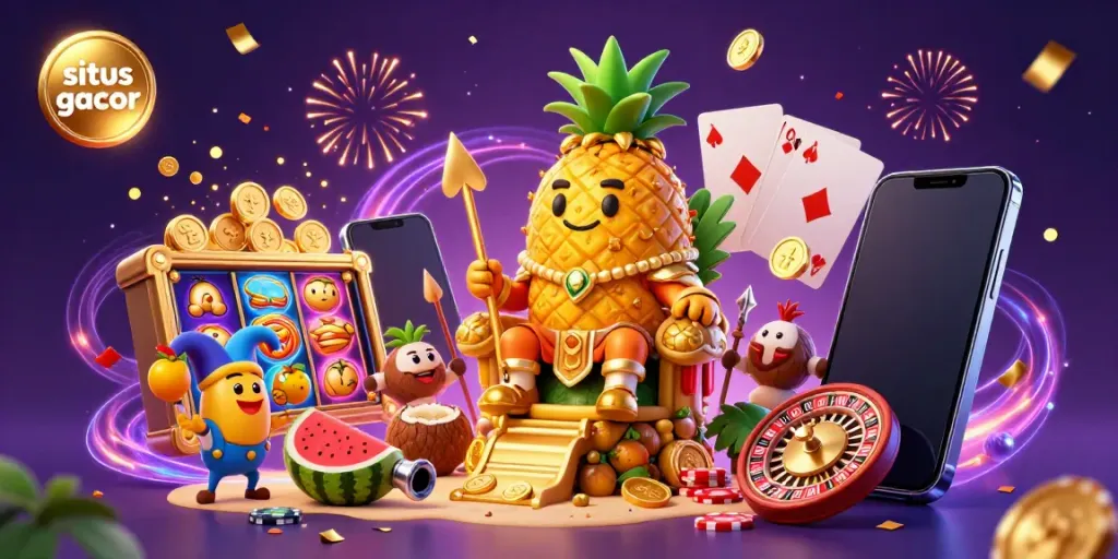 Engage with top situs gacor gameplay featuring a 3D pineapple king, vibrant casino elements, and festive atmosphere.