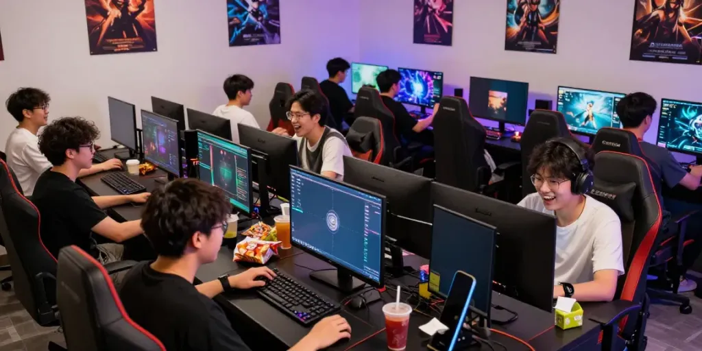 Engaged gamers analyzing rokok88 link patterns in a vibrant online gaming hub.