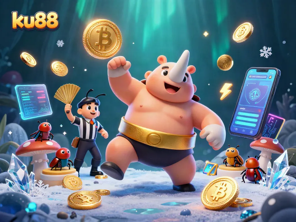 Experience the excitement of ku88 with a vibrant 3D casino scene featuring a sumo beetle champion and playful elements.