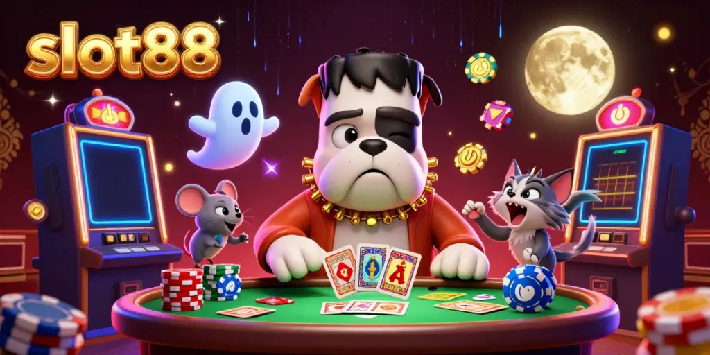 Engage with slot88 gameplay featuring a quirky Frankenstein bulldog and ghost mouse at a vibrant casino table.