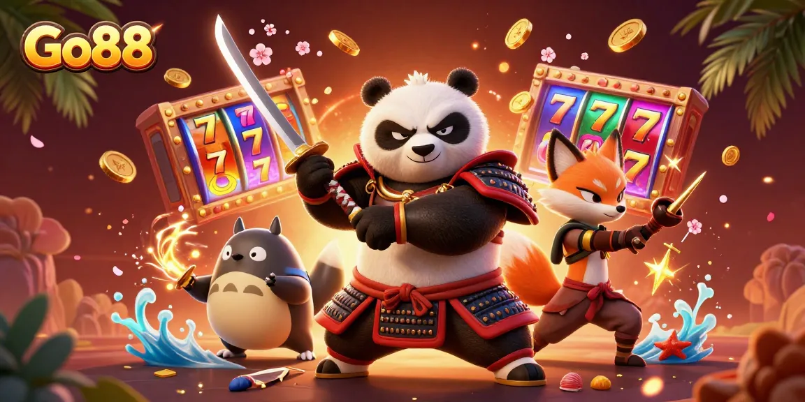 Join the excitement at Go88 with a vibrant scene of games and fortune featuring samurai panda and ninja fox.