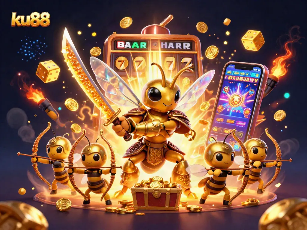 Experience the excitement of ku88 with a 3D casino scene featuring gold-themed characters and jackpot elements.