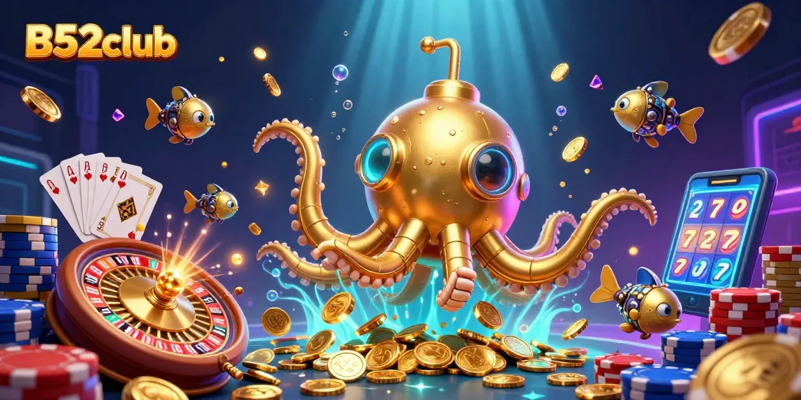 B52club offers thrilling gameplay with a golden kraken submarine and dazzling casino elements.