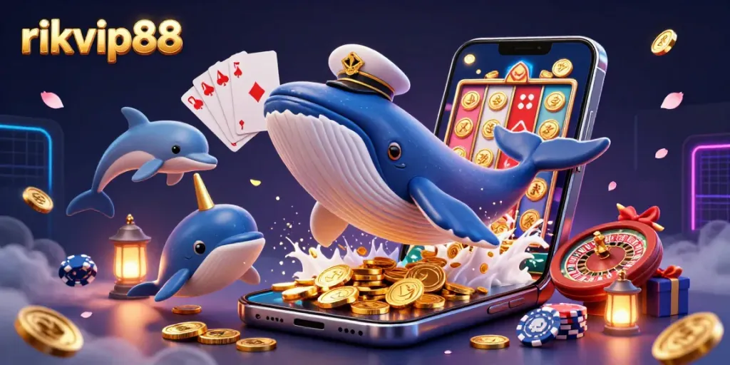 Experience the dynamic action of rikvip88 with casino themes featuring playful whales and poker chips.