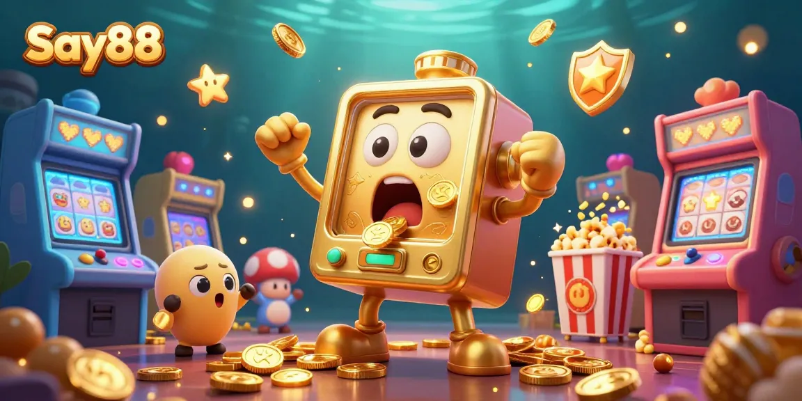 Experience excitement at Say88 as a golden slot machine celebrates a jackpot, with cheering machines and glimmering coins.