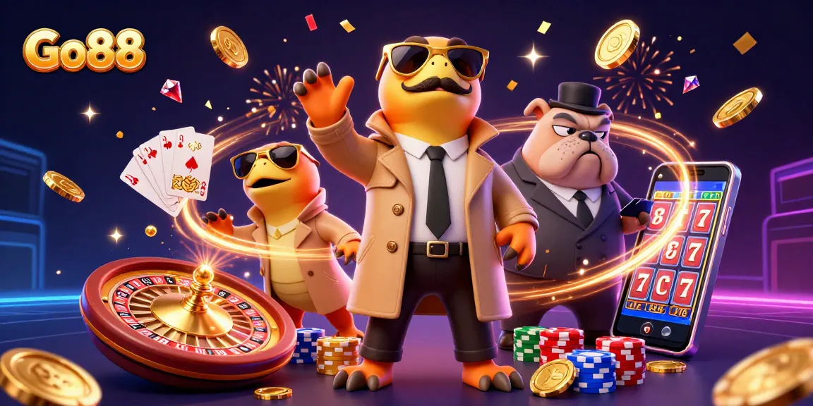 Go88 shows colorful raptors trying to enter a VIP casino with coins and cards flying around.