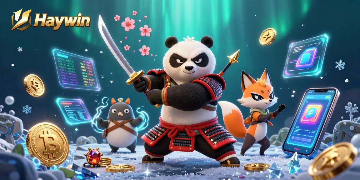 Haywin's thrilling casino adventure with samurai panda and ninja fox amid vibrant crypto elements.