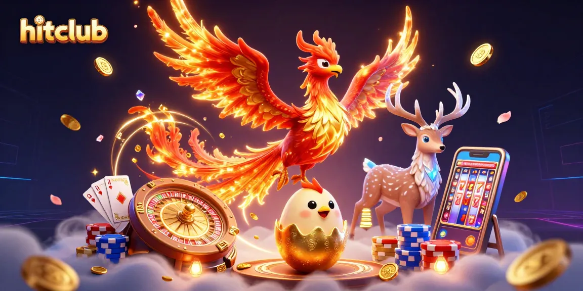 Hitclub showcases a dynamic scene with a fire phoenix, gemstones, and casino elements celebrating gaming excitement.