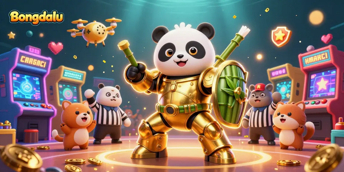 Bongdalu showcases a lively arena with a mech-suit panda and dynamic gambling elements in action.